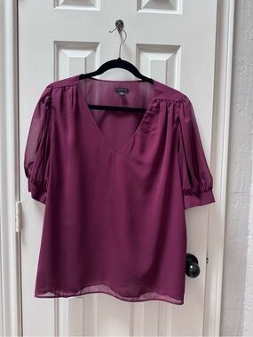 Ann Taylor L Puff Sleeve V-Neck Popover, Plum